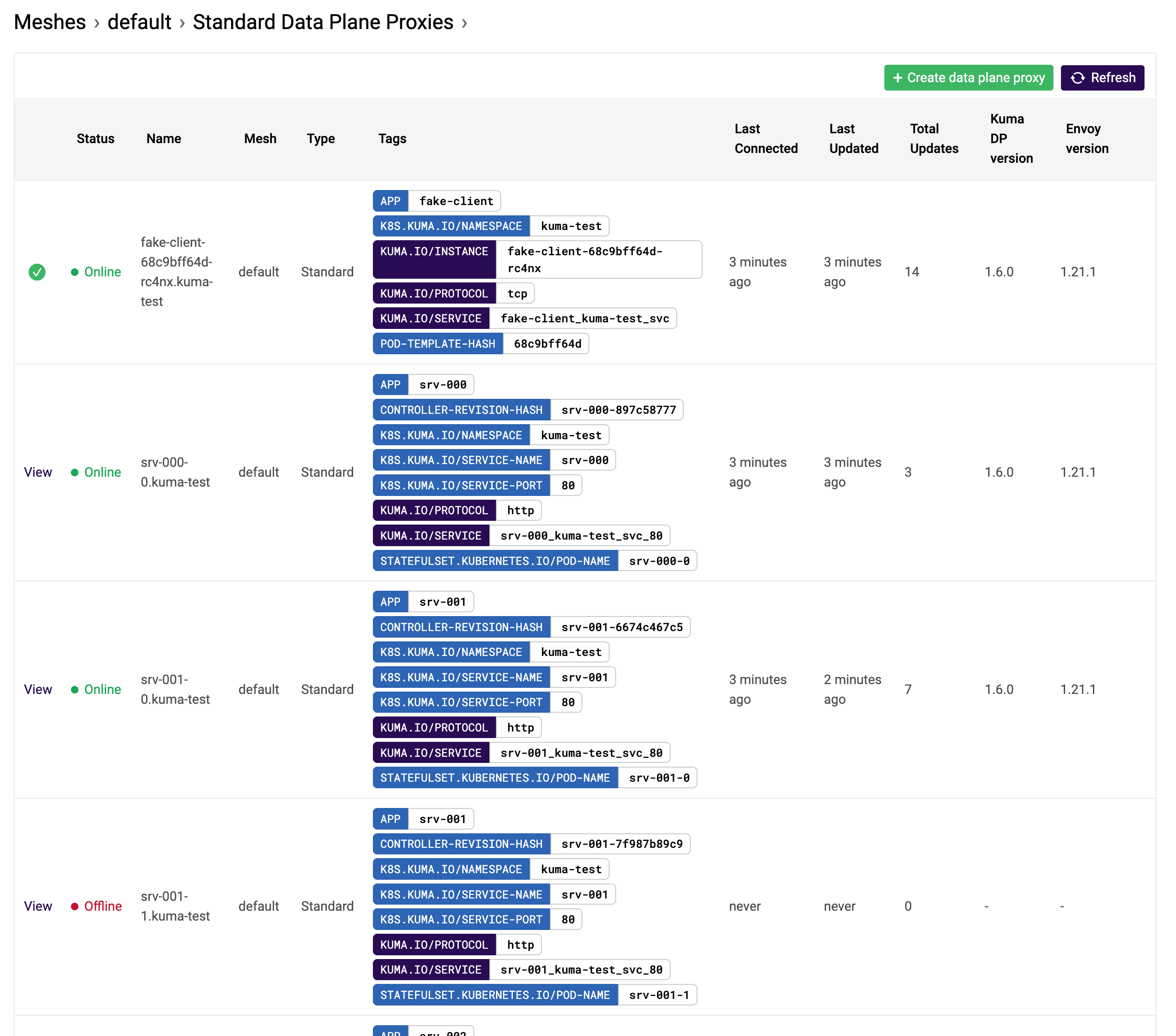 A screenshot of the Dataplanes information table with the new tag styles for Kuma